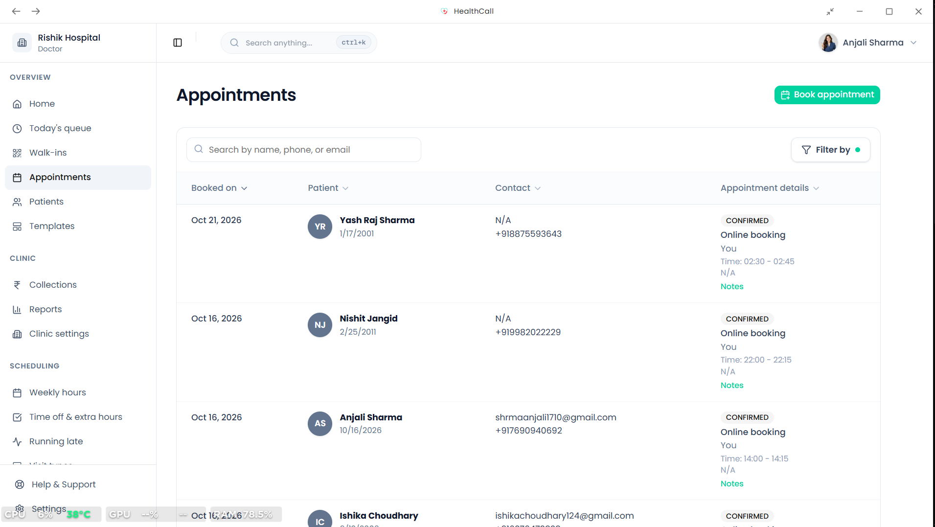 Health Call Provider Dashboard Screenshot